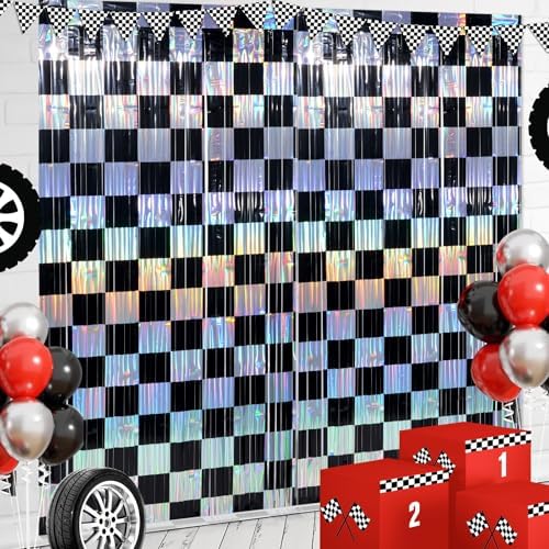 4 Pack 3.3Ft x 6.6Ft Race Car Checkered Foil Fringe Curtain Backdrop Decorations, Black Iridescent Metallic Tinsel Foil Streamers Curtain Photo Booth for Race Car One Happy Dude Birthday Party Decor by Zachely