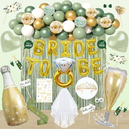 Sage Green Bachelorette Party Decorations, Bride To Be Decorations include Bride To Be Sash Veil Crown Tattoo Stickers Photo Props Fringe Curtain for Bachelorette Engagement Bridal Shower Decorations - Image 5