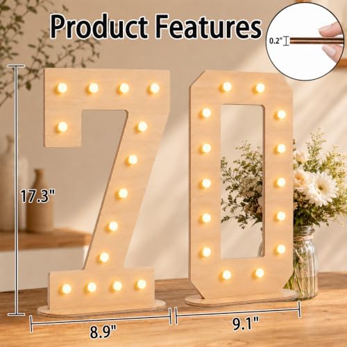 Pooqla 70th Birthday Decorations, 17.3 in Tall Wooden Light Up Numbers - Image 4