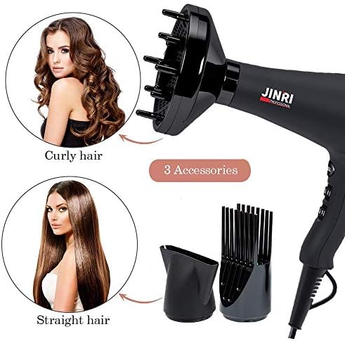 JINRI Ionic Hair Dryer with Diffuser & Comb and Concentrator, Lightweight Quiet Infrared Blow Dryer, Powerful 1875 Watt Motor for Smooth and Fast Drying Hair, Black - Image 4