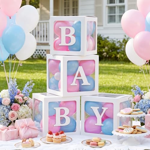 RUBFAC Baby Boxes with Letters and 36 Balloons, 4pcs Clear Balloon Boxes for Gender Reveal Baby Shower Decorations by RUBFAC
