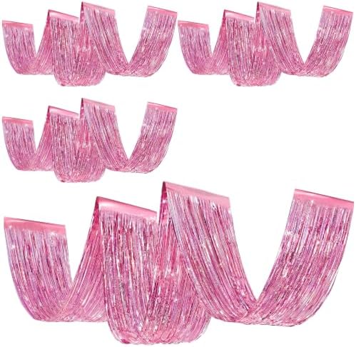 Breling 4 Pcs Iridescent Pink Ceiling Fringe Curtains, Foil Drapes, 15 ft by Breling