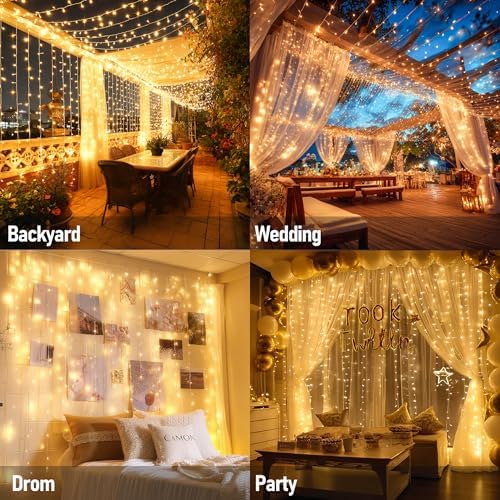 Dazzle Bright 300 LED Curtain Lights, Plug in Fairy Curtain Lights for Bedroom, Christmas Hanging String Lights Outdoor for Window Backdrop Wall Wedding Patio Indoor Dorm Party Decor, Warm White - Image 6