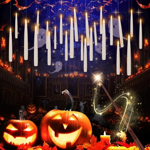 24 Pcs Halloween LED Magic Hanging Floating Candles, Taper Flickering Flameless with 2 Magic Wands - Candle Set for Halloween, Christmas, Weddings, Birthdays & Fantasy Ambiance... by CAKETYCG