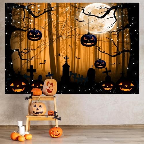 Misty Forest Backdrop Dark Spooky Halloween Eve Full Moon Orange Black Horror Spider Cemetery Hanging Pumpkins Background Photography Studio Photo Booth Props 12x8ft by CRTPODHomeDecor