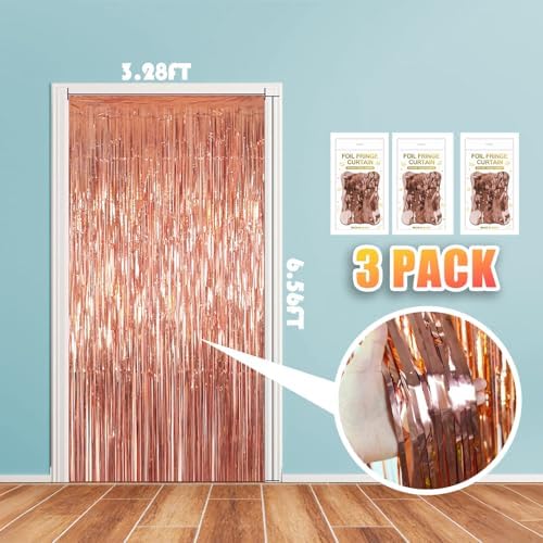 3 Pack 3.28ft x 6.56ft Rose Gold Metallic Tinsel Foil Fringe Curtains, Photo Booth Backdrop Party Decorations for Birthday Wedding Baby Shower Galentines Graduation Bachelorette New Years - Image 2