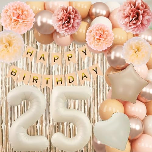 Beige Happy 25th Birthday Party Decoration for Her Cream Number 25 Balloon - Image 2