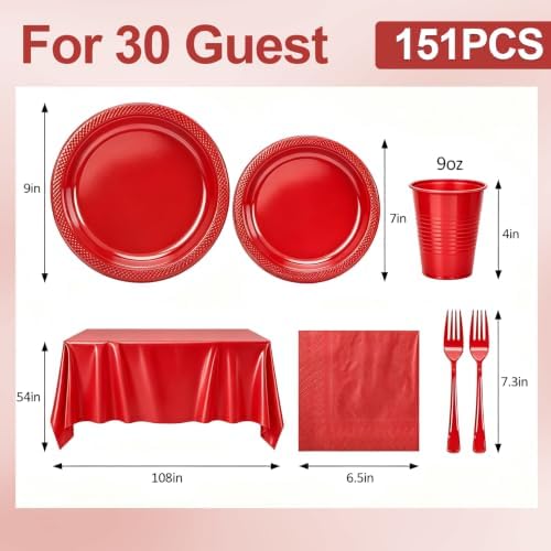 Red Plastic Party Plates Set 30 Guest Disposable Red Party Supplies - Image 3