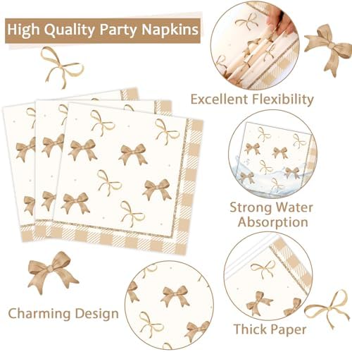 CHUNNIN 96Pcs Beige Plaid Bow Plates and Napkins Party Decorations Bow Theme Dessert Paper Plates Napkins Forks Birthday Tableware Set for 24 Guests Girls Boys Baby Shower Picnic BBQ Party Supplies - Image 4