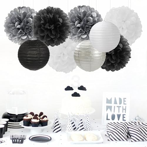Black White Silver Party-Decorations Paper Flowers Lanterns - 15PCS Birthday Halloween Wedding Tissue Pom Poms Streamers, Halloween Prom Baby Shower Bachelorette Hanging Supplies Decor Hugfond - Image 2