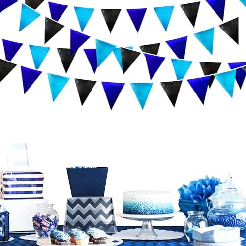 Black Blue Party Decorations Metallic Fabric Triangle Pennant Banner Flag Bunting Garland for Video Game Nautical Birthday Graduations Retirement Wedding Bachelorette Outdoor Holiday Party Supplies - Image 6
