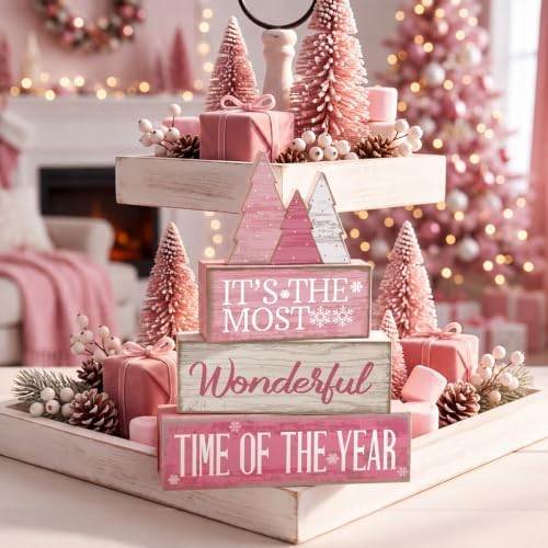 Moucuny 4 Pcs Christmas Table Decoration Wooden Pink Wooden Christmas Tree - Image 5