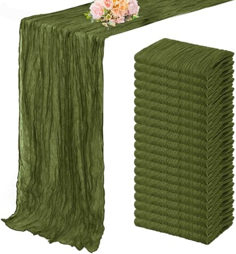 20 Pack Olive Green 10FT Cheesecloth Table Runner Rustic Gauze Cheese Cloth Table Runner for Wedding Bridal Baby Shower Table Decorations Boho Fabric Sheer Birthday Party Decor 20 x 120 Inch Long by FoliafeelHome