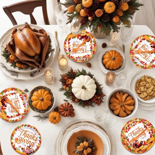 96 Pieces Happy Thanksgiving Tableware Set Party Supplies - Fall Harvest Pattern Disposable Dinnerware with Paper Plates, Napkins, Forks for Autumn and Thanksgiving Dinner BBQ Picnic Favors - Image 5