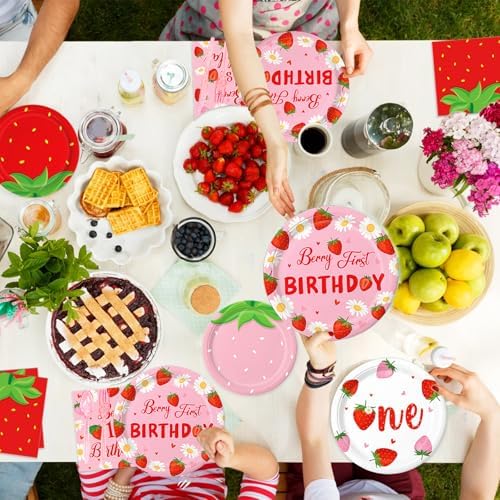 Berry First Birthday Decor Strawberry 1st Birthday Decorations for Plates, Napkins, Cups, Cutlery, Cupcake Toppers, Banner, Tablecloth, Balloons for Girls Strawberry Party Decorations, Serve 20 - Image 5