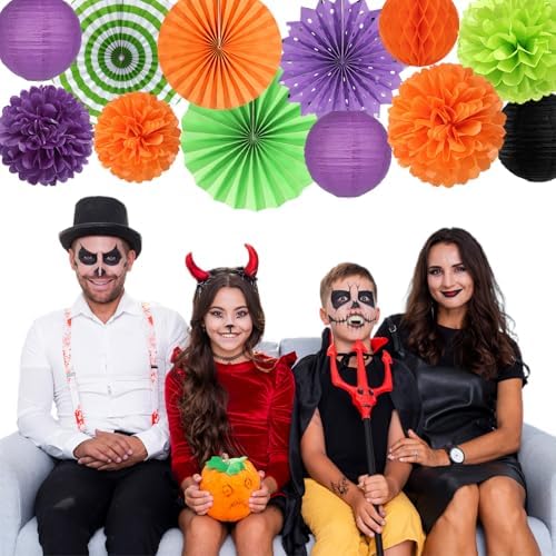 Black Purple Orange-Green Halloween Party-Decorations - 20pcs Paper Lanterns Fans,Tissue Pom Poms,Honeycomb Balls,Hotel Transylvania Hocus Pocus Birthday Baby Bridal Shower Wedding Decor Burgleda - Image 7