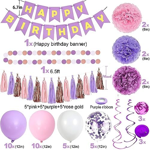 Purple Pink Birthday Party Decorations for Women Girls with Happy Birthday Banner,Hanging Swirls,Tissue Paper Pompoms,Circle Dots Garland,Tassel Garland Purple Balloons - Image 2