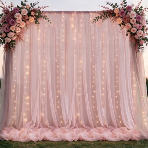 Tulle Backdrop Curtain with Lights String 10FT X 10FT Wrinkle Free Dusty Rose Sheer Tulle Backdrop Curtains for Wedding Birthday Party Reception Photo Booth Background Decorations (2 Panels 5x10FT) by Chesjin