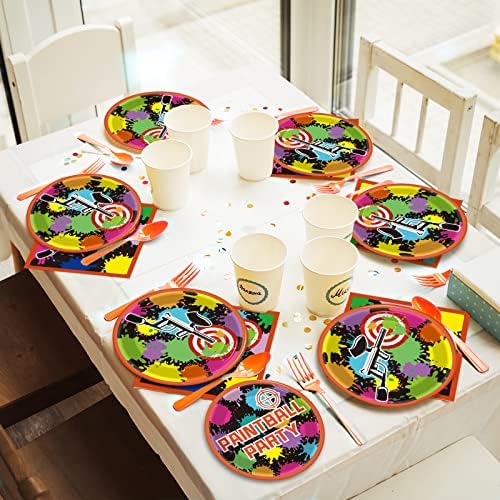 96 Pcs Paintball Birthday Party Supplies Neon Glow Tableware set Paper Plates Napkins Supplies For Paint Ball Gun Shooting Splatter Bomb Buster Splash Rainbow Color Theme Party Favors 24 Guests - Image 6