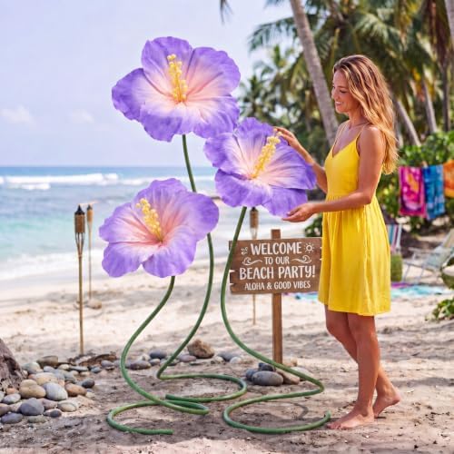 3 Sets 5 FT Giant Hibiscus Flowers Decor, Standing, Purple - Image 6
