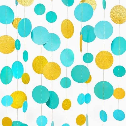 Teal Gold Party Polka Dot Garland Banner Aqua Turquoise Glitter Gold Hanging Paper Circle Dots Streamer for Birthday Wedding Shower Engagement Bridal Shower Retirement Party Decorations Supplies by pinkblume