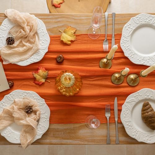 2Pcs Fall Orange Cheesecloth Table Runner 120 Inch Party Home Decor - Image 3