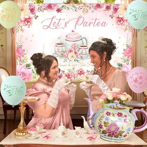 Tea Party Decorations For Women,Pastel Balloons,Tea Party Backdrop,Banner,Teapot Mylar Foil Balloon,Table Cloth,Paper pom poms Party Supplies for Girls - Image 3