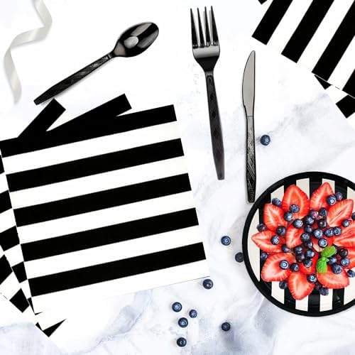 Serve25 175Pcs Black & White Striped Party Supplies - 9" & 7" Striped Paper Plates, Napkins, Cups, Cutlery for Black & White Birthday Party Decorations - Image 5