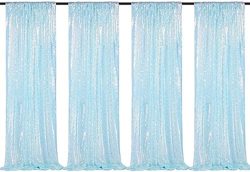 Sequin Backdrop Curtains 4 Pieces 2ftx8ft Mermaid Blue Sparkly Background Fabric for Under The Sea Little Mermaid Birthday Party by SoarDream
