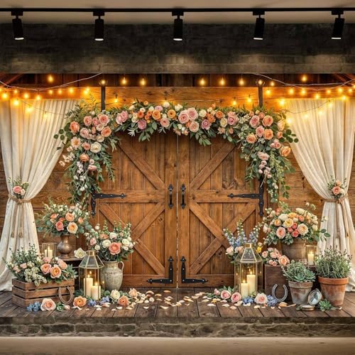 6x6ft Western Wedding Backdrop Rustic Barn Door Photography Backdrop Farmhouse Pink Flower Cabin Wooden Birthday Baby Shower Country Anniversary Bridal Party Banner Photo Booth Props Background - Image 2