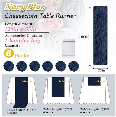 Navy Blue Cheesecloth Table Runner 6 Pack 35" Boho Gauze Runner 120 inches Long Runner Rustic Sheer Fabric Bulk for Baby Shower Wedding Bridal Birthday Party Table Decorations - Image 2