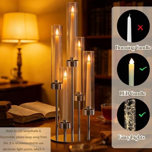 2 Pcs 5-Arm Silver Metal Table Candelabra Centerpiece, 22" Tall Clear Candlesticks Holder with Shade for Valentines Day Events Party Table Centerpiece,Fit LED Candles - Image 6