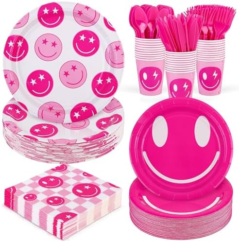 Kochorie 350 PCS Preppy Smiley Face Party Supplies Set for 50 Guests Includes Preppy Party Plates Cups Napkins Utensils for Birthday, Smiley Face Theme, Preppy Party Decorations Disposable Tableware by Kochorie