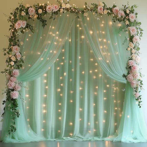 Green Tulle Backdrop Curtains with Lights 10x8ft Sheer Curtain Backdrop - Image 7