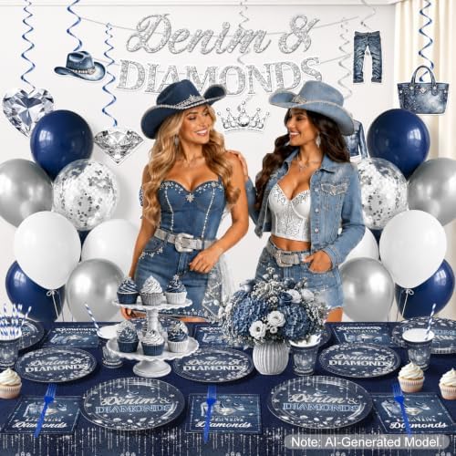 213 Pcs Denim And Diamonds Party Decorations Disposable Plates and Napkins - Image 4