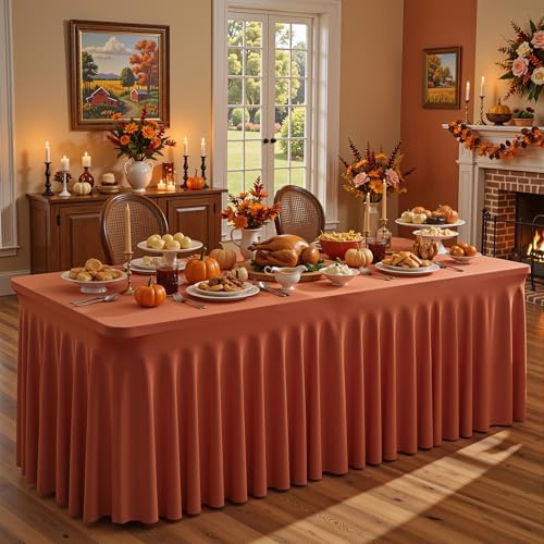 2 Packs Terracotta Spandex Table Cloths 4 Foot, Fitted Stretch Table Cover with Skirts 24x48 Inch, Wrinkle-Free Floor Length Tablecloths Rectangular for Weddings Parties Banquets Events Decorations - Image 4