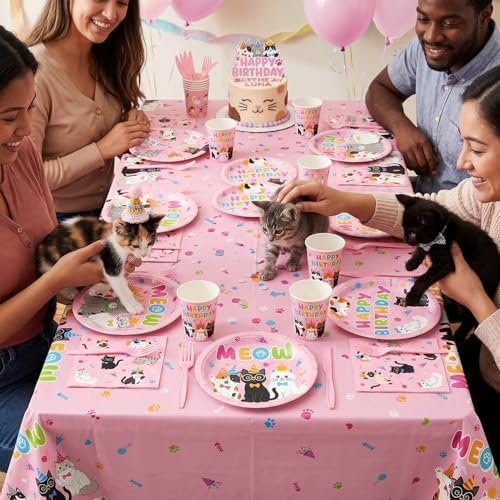 206pcs Pink Cat Birthday Decorations Plates Tableware Serves 24, Cat Party SuppliesPlates Napkins Cups Set Banner Balloons Tableware Cake Topper for Cat Girl Party Supplies - Image 3