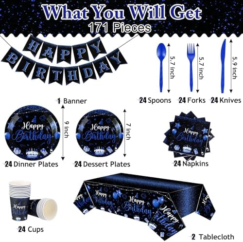 Vesici 171 Pcs Happy Birthday Party Supplies 24 Set Table, Black, Blue - Image 5