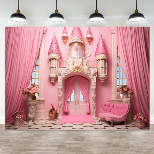 12x10ft Pink Castle Backdrop Room Door Curtain Photography Background Flowers Vases Sofa Princess Girl Birthday Banner Decorations Newborn Baby Shower Wedding Party Portrait Photo Booth Prop by ASDCXZ