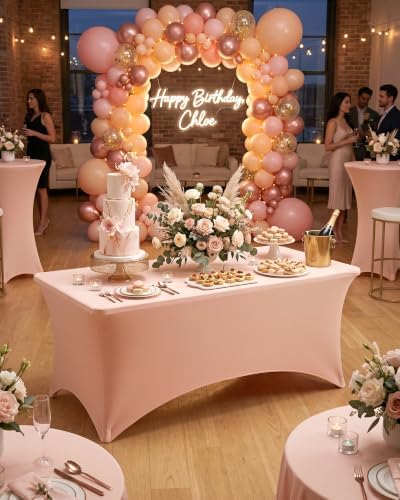 Fixwal 2 Pack 4FT Light Pink Birthday Tablecloth Spandex Table Cover - Image 2