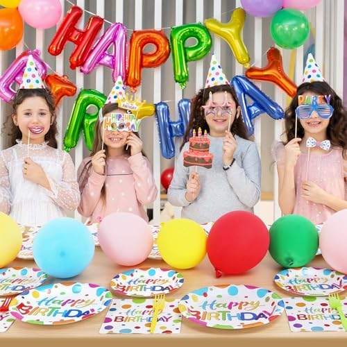 Multicolor Birthday Decorations Plates Set for 25 Guests, 100 Pieces Birthday Paper Plates Napkins Forks with Colorful Dots Design Tableware for Kids Boys Girls - Image 3