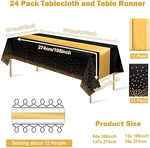 24Pack Disposable Plastic Tablecloths and Satin Table Runner Set Black Gold Dot Table Cloth Gold Satin Table Runner for Graduation Wedding Birthday Baby Shower Anniversary Holiday Party Decorations - Image 2