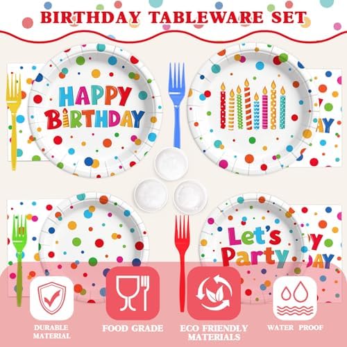 Kinovo 96 Pcs Happy Birthday Paper Plates Tableware Set (Serves 24), Birthday Dots Dots Design Supplies Set Include Plates Napkins Forks for Party - Image 3