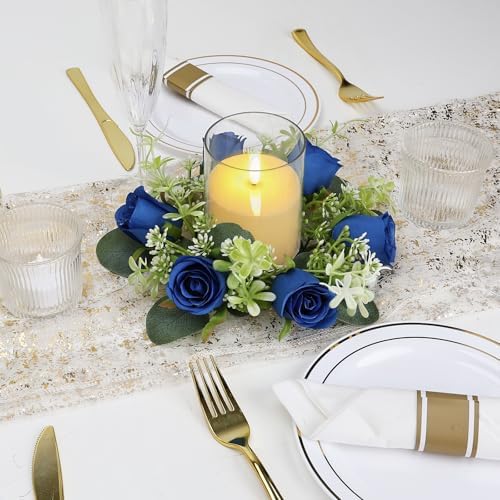 6 Sets Artificial Roses Candle Rings with LED Candles, Royal Blue - Image 6