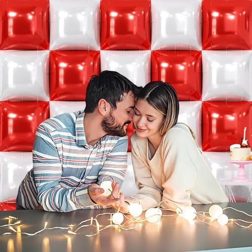 NISOCY 25PCS Red and White Square Foil Balloons Wall Backdrop - Image 6