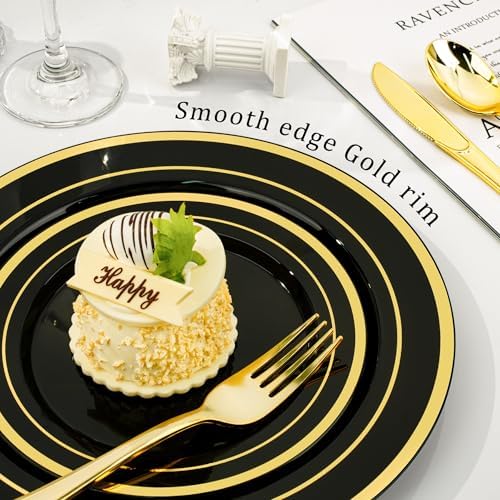 BESTVIP 600PCS Black Gold Dinnerware Set for 100 Guests, Plastic Plates - Image 4