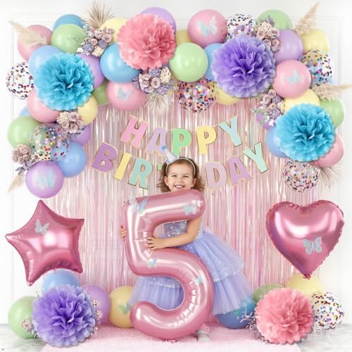 Pastel 5th Birthday Colorful Party Decorations Girls Pink Number 5 Balloon - Image 2