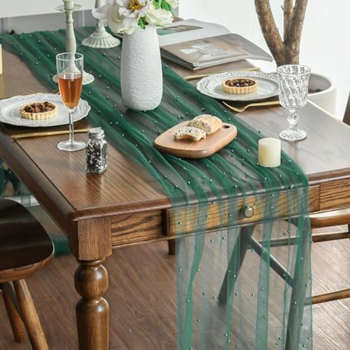 Artoid Mode Pearl Dark Green Gauze Table Runner 10FT Home Decor - Image 2