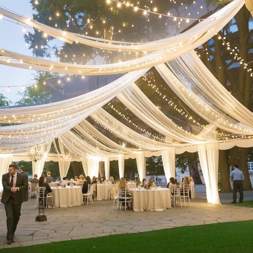 Ivory Ceiling Drapes with Lights String for Weddings, 6 Panels 5ftx10ft Sheer Tulle Backdrop Photo Background Drapes for Wedding Ceremony Birthday Party Arch Decoration - Image 6