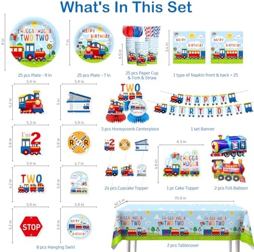 202Pcs Chugga Chugga Two Two Party Decorations Serves 25 Guests, 2nd Birthday Decorations for Boys Include Banner, Plates, Tablecloth, Balloons, Cake Topper, Cupcake Toppers, Train Birthday - Image 3